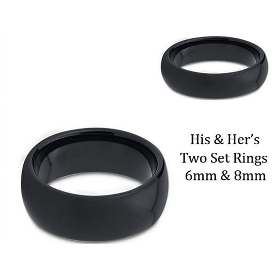 His & Her's 8MM/6MM Black Polished Shiny Domed Tungsten Carbide Wedding Band Ring Set