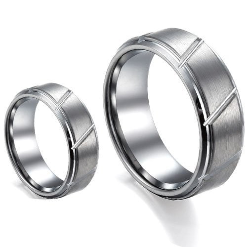 His & Her's 8MM/6MM Brushed Center With Grooved Cut Tungsten Carbide Wedding Band Ring Set