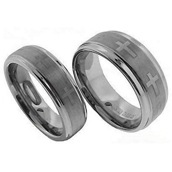 His & Her's 8MM/6MM Brushed Center with Laser Cross Engraved Shiny Edge Tungsten Carbide Wedding Band Ring Set