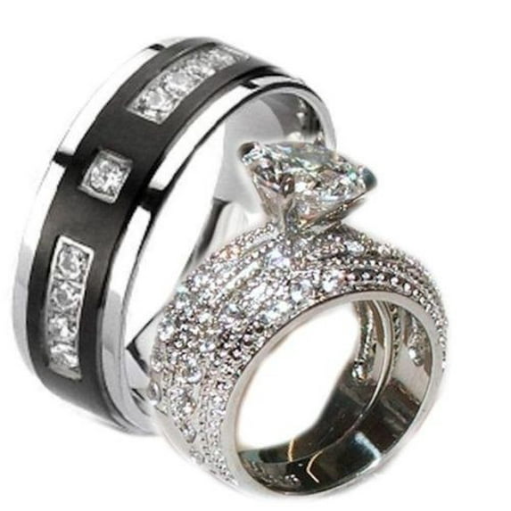 His Hers Cz Wedding Ring Set Sterling Silver and Titanium