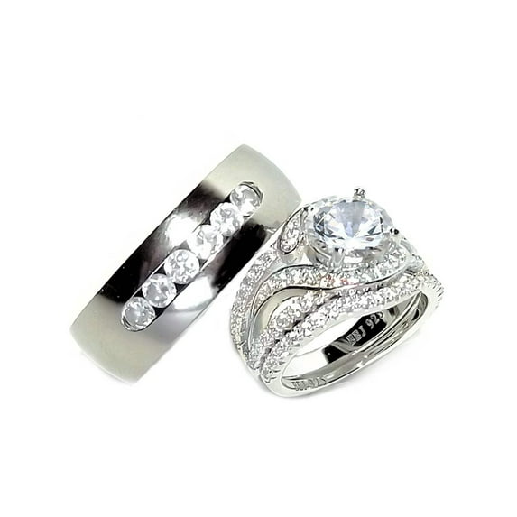 His Hers 3.25ct Round Cut Wedding Ring Set Men's Titanium Cz Wedding Band