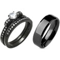 thumbnail image 1 of His Hers 3 PCS Round CZ Black IP Stainless Steel Wedding Ring Set Mens Wedding Flat Band- Size W7M14, 1 of 6