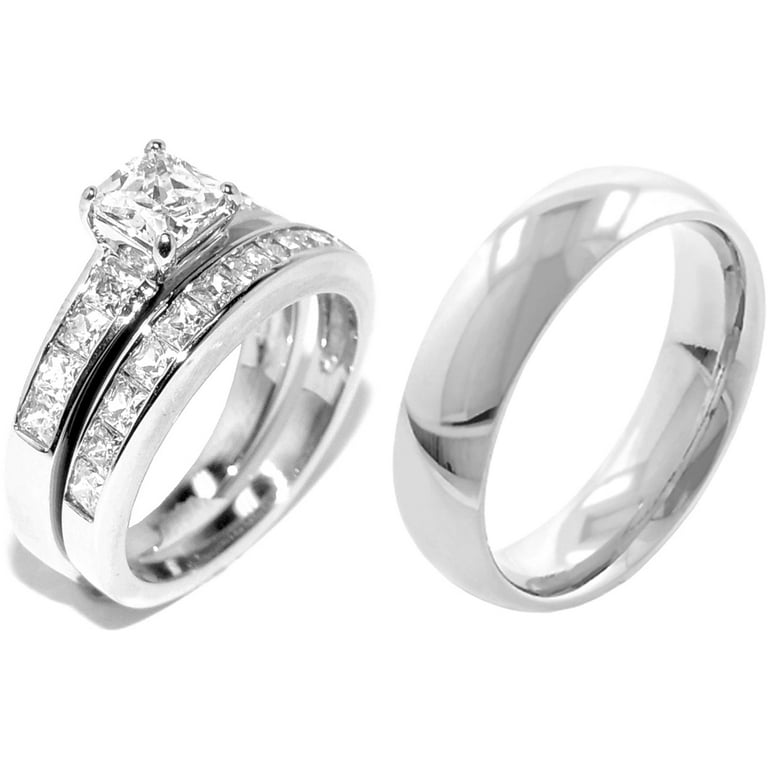 His Hers 3 PCS Stainless Steel 5x5mm Princess CZ Ring set and Mens Band-  Size W10M7
