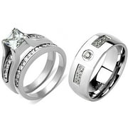 His Hers 3 PCS Womens 1 Carat Princess Cut CZ Stainless Steel Wedding Ring Set Mens 7 CZs Band Size W10M9