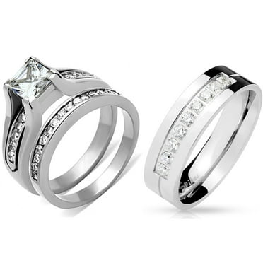 His Hers 3 PCS Womens 6x6mm Round CZ Stainless Steel Wedding Ring Set &ndash; LA NY Jewelry