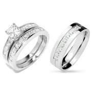His Hers 3 PCS Womens Stainless Steel 5x5mm Princess CZ Wedding Ring Set Mens 9 CZ Band Size W5M11