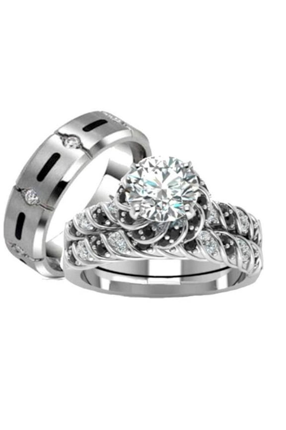 His Hers 3 Piece 925 Sterling Silver and Titanium CZ Wedding Ring Set