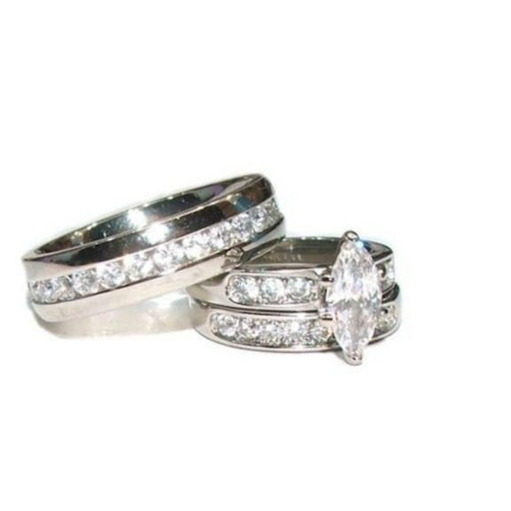 His Hers Couples 3 Piece Marquise Cut Cz Wedding Engagement Ring Set Stainless Steel
