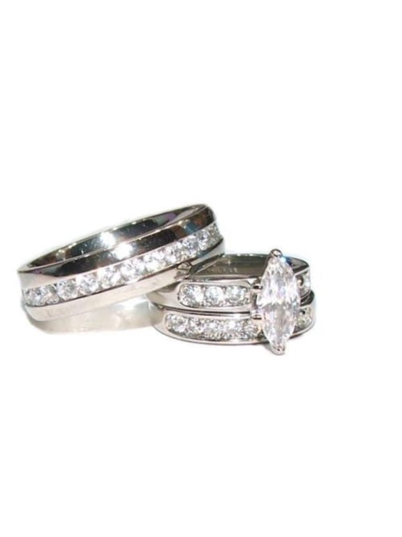 His Hers Couples 3 Piece Marquise Cut Cz Wedding Engagement Ring Set Stainless Steel