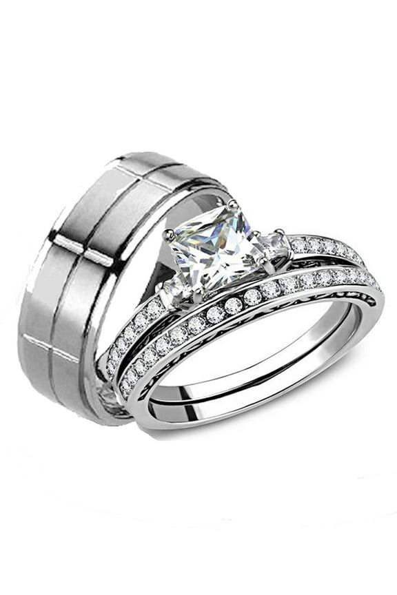 His Hers 3 Piece Stainless Steel & Titanium Matching Wedding Band Ring Set