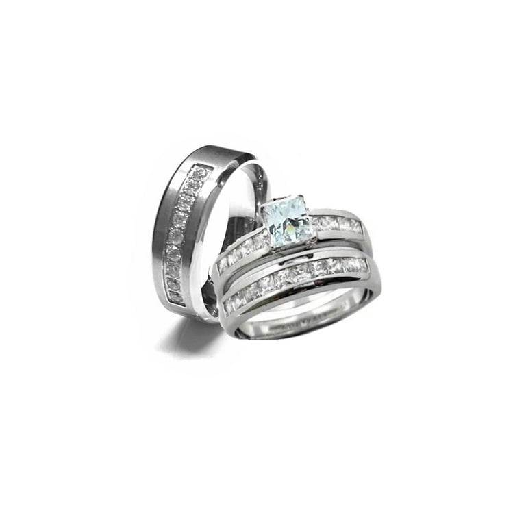 His Hers 3 Piece Sterling Silver and Stainless Steel Cz Wedding Ring Set Walmart