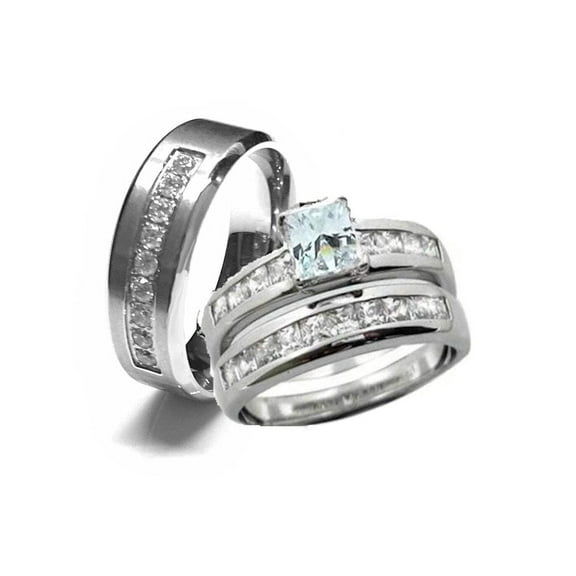His Hers 3 Piece Sterling Silver and Stainless Steel Cz Wedding Ring Set