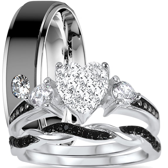His Hers 3 Piece TRIO Wedding Set Black Silver Steel Couples Rings Bride Groom
