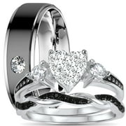 His Hers 3 Piece Trio Sterling Silver Black Wedding Band 3 Carat Heart Engagement Ring Set Men Women Him Her