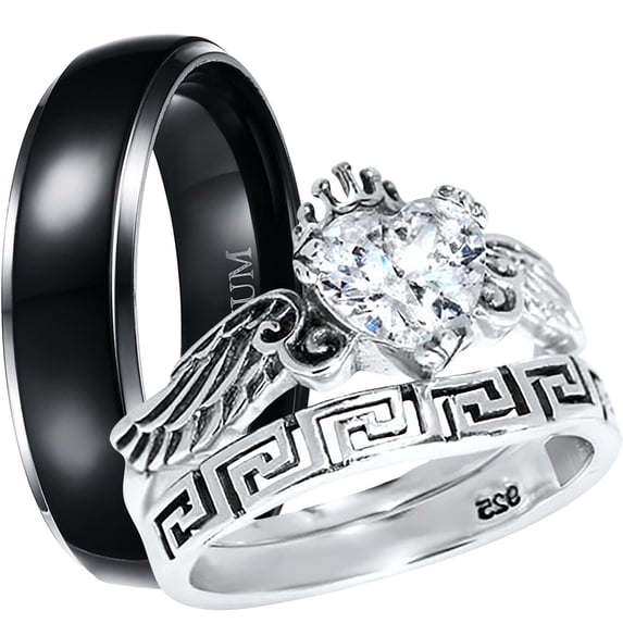 LaRaso & Co His Hers 3 Piece Trio Sterling Silver Black Wedding Band Engagement Ring Set 5/11