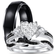 LaRaso & Co His Her Wedding Ring Set Trio Sterling Silver Black Wedding Band Engagement Ring Set 7/10