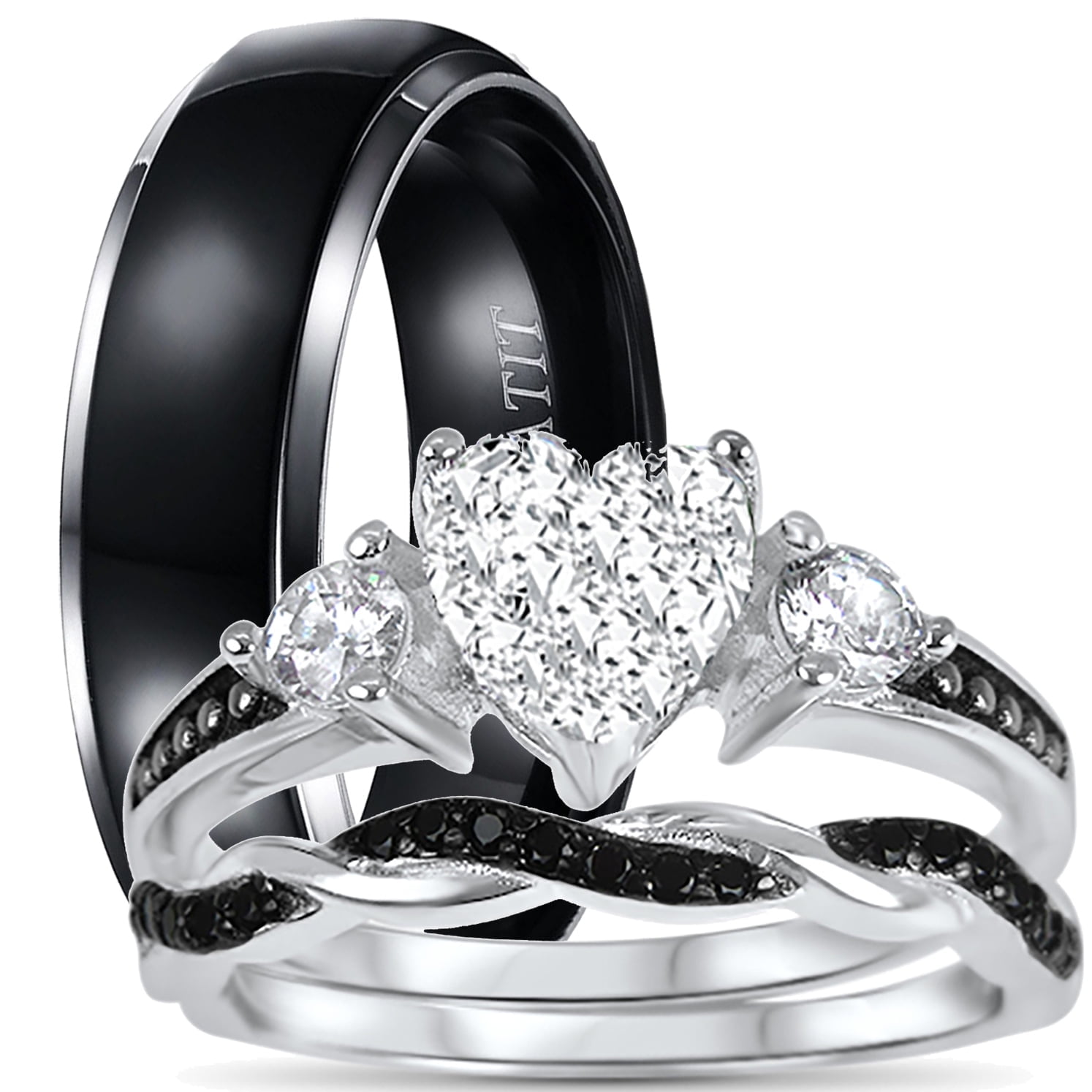 LaRaso & Co His Her Wedding Ring Set Trio Sterling Silver Black Wedding Band Engagement Ring Set 7/9