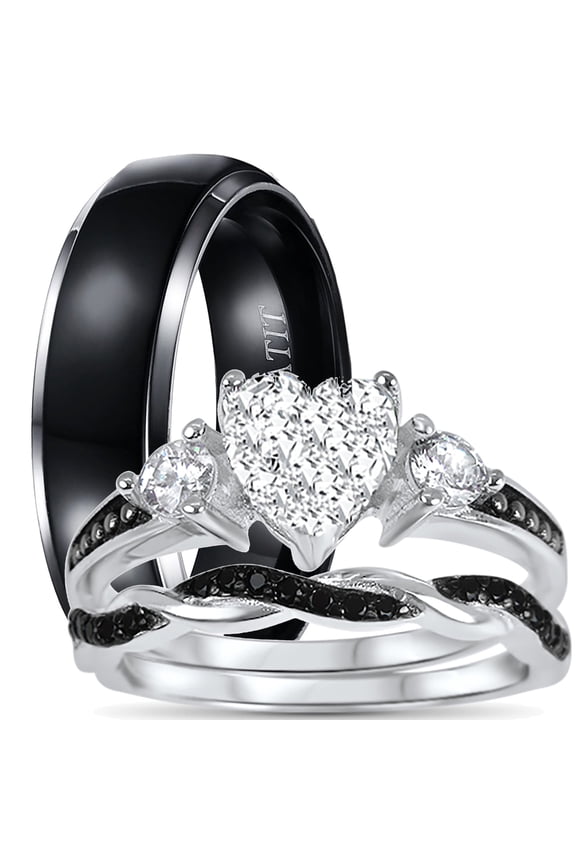 His Her Wedding Ring Set Trio Sterling Silver Black Wedding Band Engagement Ring Set 8/11