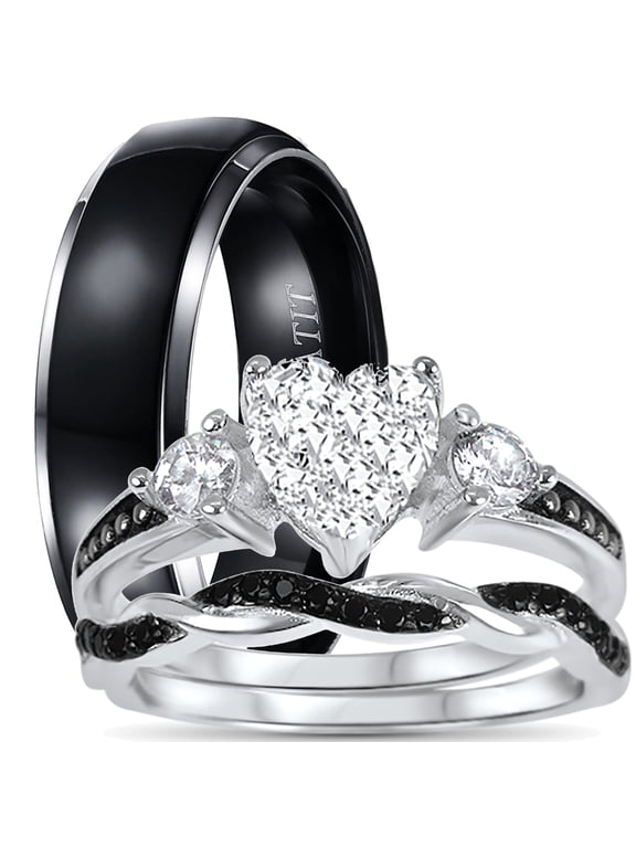 His Her Wedding Ring Set Trio Sterling Silver Black Wedding Band Engagement Ring Set 8/12