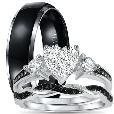 LaRaso & Co His Her Wedding Ring Set Trio Sterling Silver Black Wedding Band Engagement Ring Set 9/11