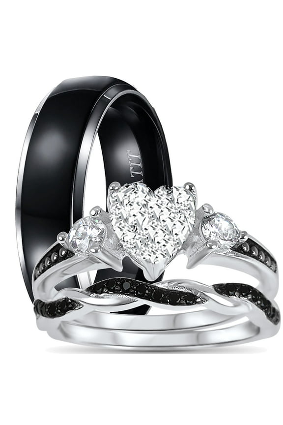 His Her Wedding Ring Set Trio Sterling Silver Black Wedding Band Engagement Ring Set 9/11