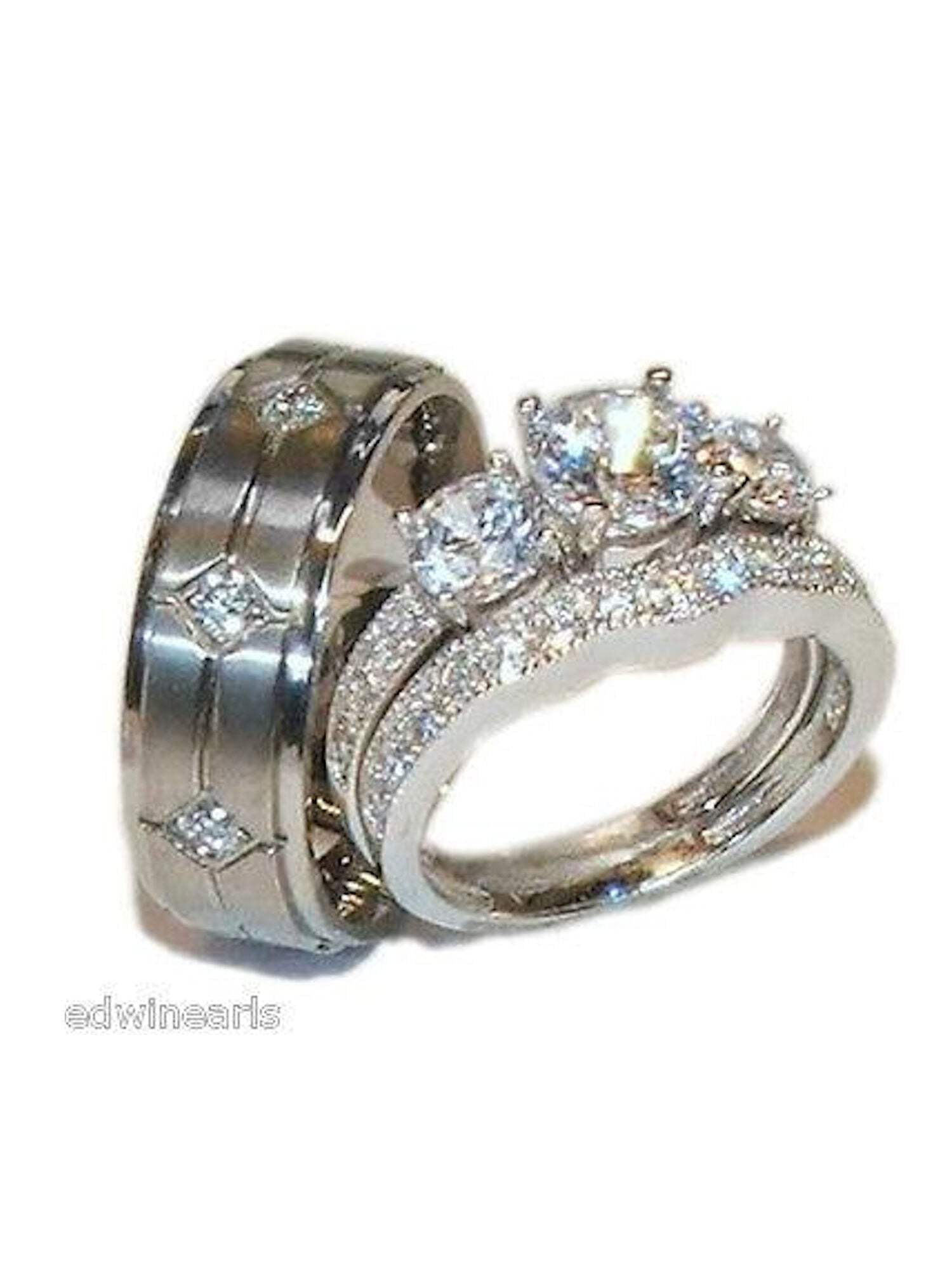 His Hers 3 Stone Cz Wedding Engagement Ring Set Sterling Silver