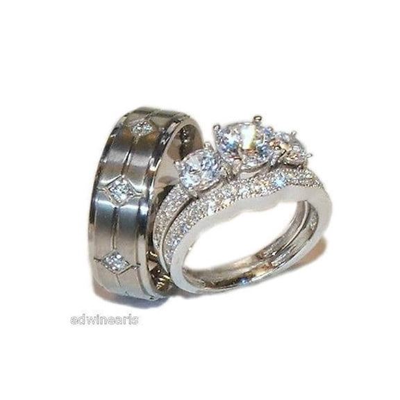 His & Hers 3 Stone Cz Wedding Engagement Ring Set Sterling Silver & Titanium