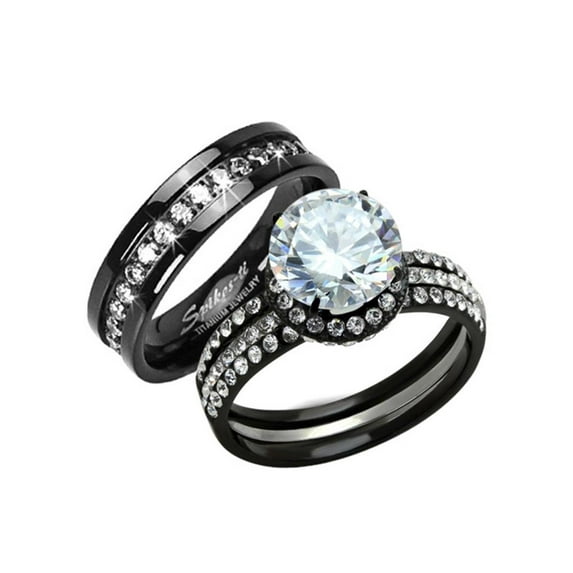 His Hers 3pc Black Stainless Steel and Titanium Wedding Engagement Ring Band Set Size Women's 06 Men's 06
