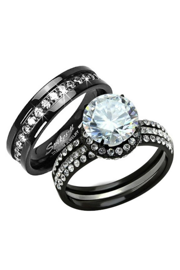 His Hers 3pc Black Stainless Steel and Titanium Wedding Engagement Ring Band Set Size Women's 10 Men's 13