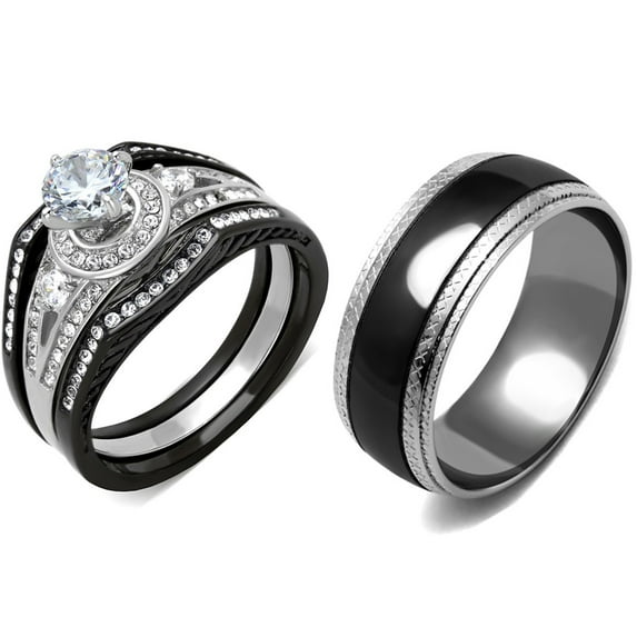 His Hers 4 PCS Black IP Stainless Steel Round CZ Luxury Wedding Ring Set Mens Two Tone Black Matching Band-SIZE W5M14
