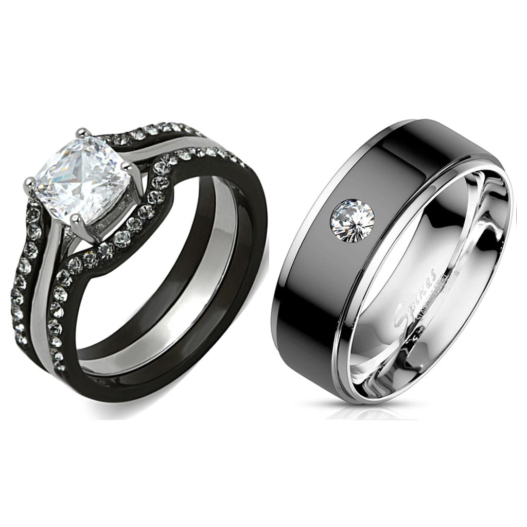 His Hers 4 PCS Womens Cushion CZ Black Wedding Ring Set Mens Bezel Set ...