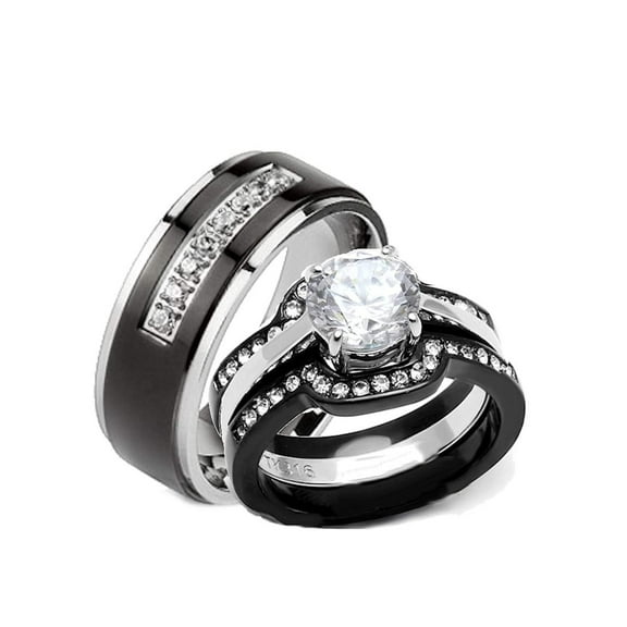 His Hers 4 Piece Black Stainless Steel & Titanium Matching Wedding Band Ring Set