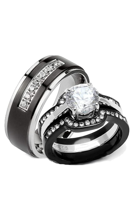 His Hers 4 Piece Black Stainless Steel & Titanium Matching Wedding Band Ring Set