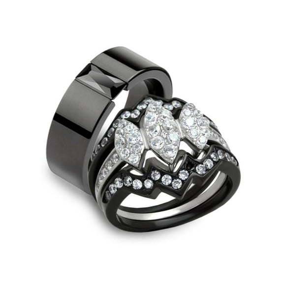 His Hers 4Pc Black Ion Plated Stainless Steel Wedding Engagement Ring Band Set Women's Size 08 Men's 06mm Size 06