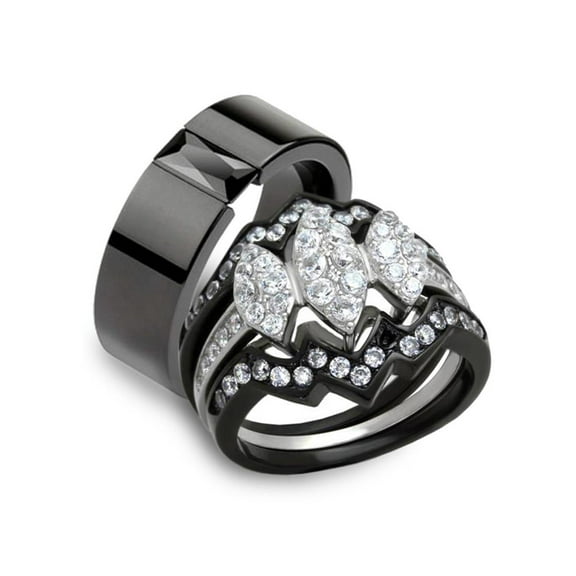 His Hers 4Pc Black Ion Plated Stainless Steel Wedding Engagement Ring Band Set Women's Size 08 Men's 06mm Size 12