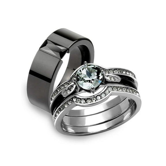 His Hers 4Pc Silver and Black Stainless Steel Wedding Engagement Ring Band Set Women's Size 10 Men's 06mm Size 10