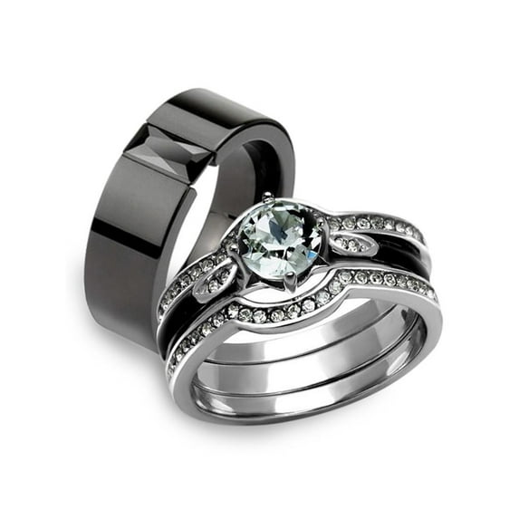 His Hers 4Pc Silver and Black Stainless Steel Wedding Engagement Ring Band Set Women's Size 10 Men's 08mm Size 13