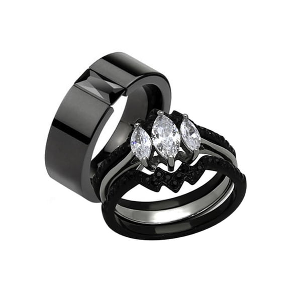 His Hers 4pc Black Ion Plated Stainless Steel Wedding Engagement Ring Band Set Women's Size 08 Men's 06mm Size 10