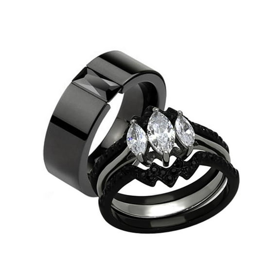 His Hers 4pc Black Ion Plated Stainless Steel Wedding Engagement Ring Band Set Women's Size 08 Men's 06mm Size 12