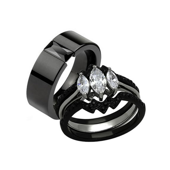 His Hers 4pc Black Ion Plated Stainless Steel Wedding Engagement Ring Band Set Women's Size 08 Men's 08mm Size 12