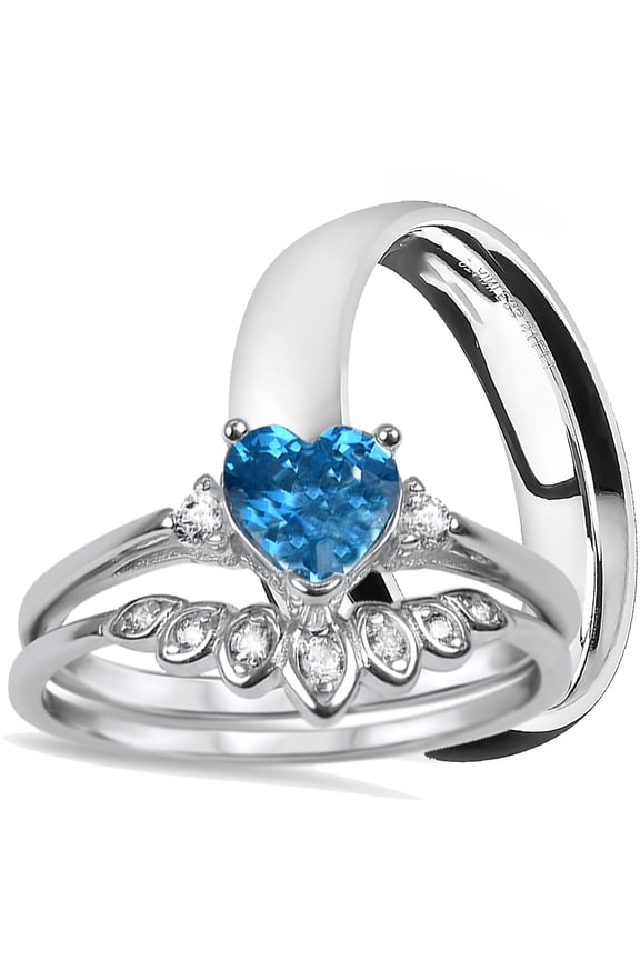 His Hers Aquamarine CZ Heart Bridal Wedding Band Engagement Ring Set Him Her March Birthstone (6/10)