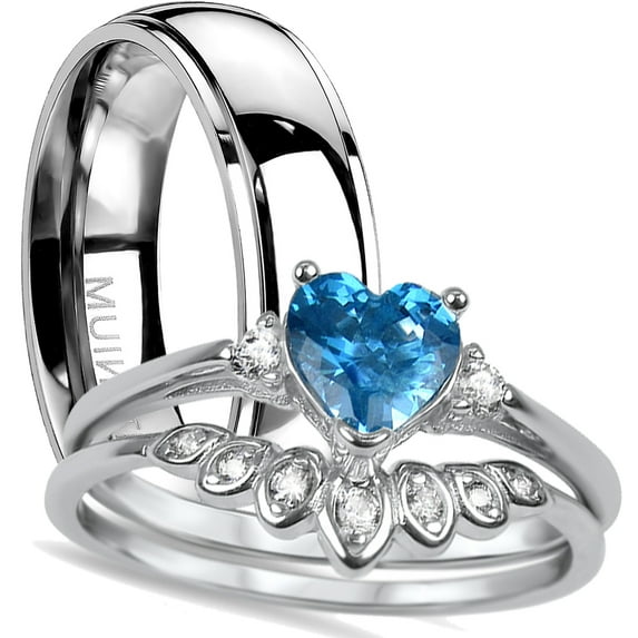 His Hers Aquamarine CZ Heart Bridal Wedding Band Engagement Ring Set Him Her March Birthstone (6/9)