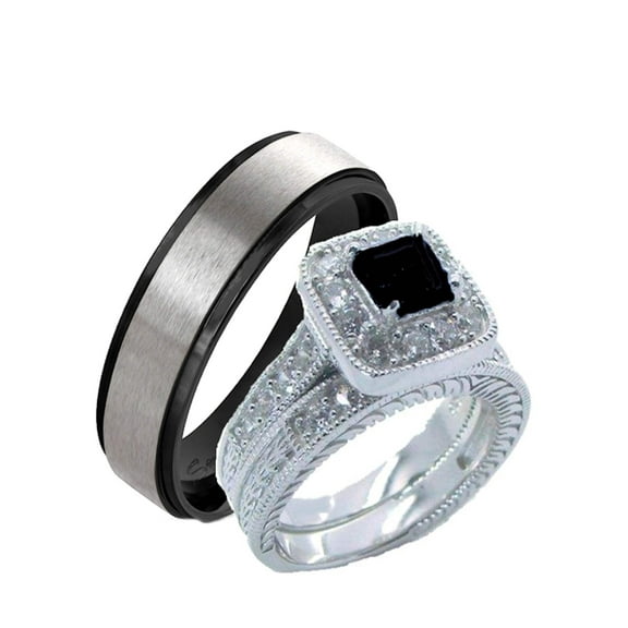 His Hers Black & Clear Cz Wedding Ring Set Sterling Silver and Stainless Steel