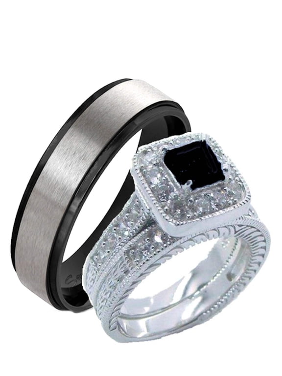 His Hers Black & Clear Cz Wedding Ring Set Sterling Silver and Stainless Steel