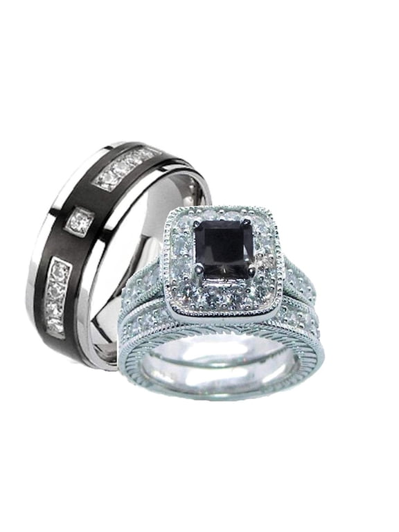 His Hers Black & Clear Cz Wedding Ring Set Sterling Silver and Titanium