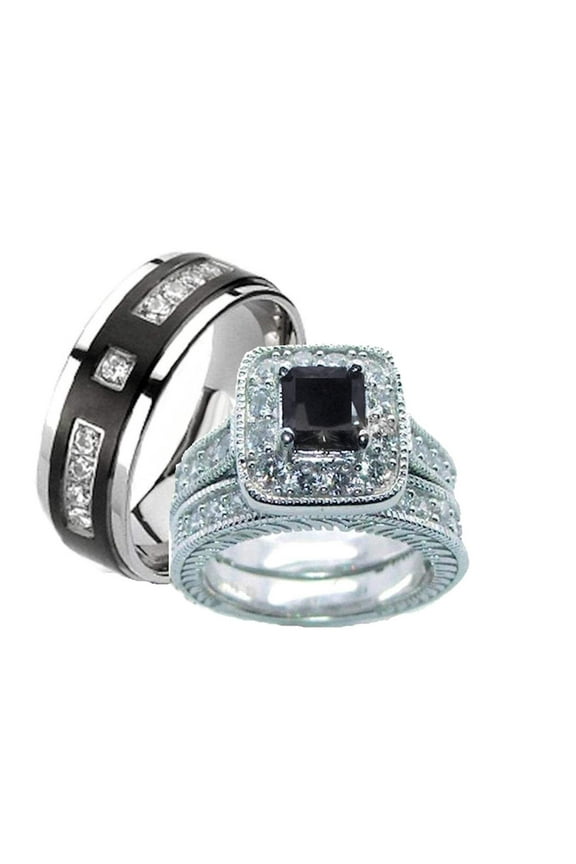His Hers Black & Clear Cz Wedding Ring Set Sterling Silver and Titanium