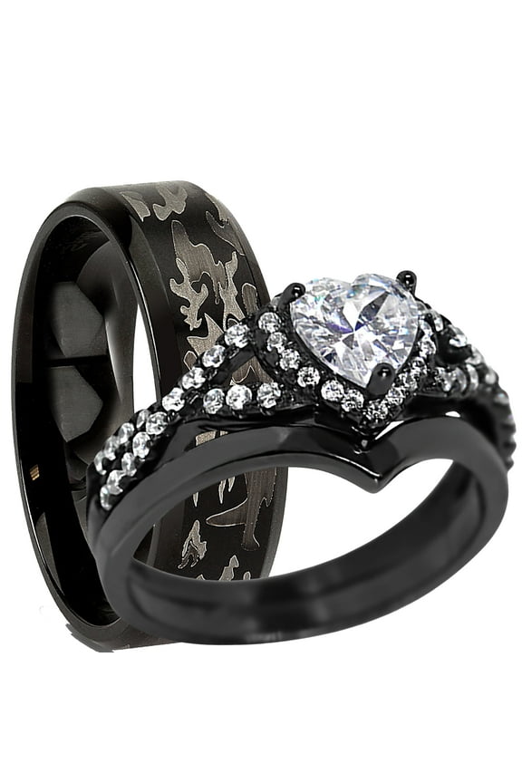 His Hers Black Wedding Ring Set Matching Couples Rings for for Women Men Sizes 10 10
