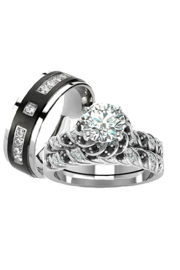 His Hers Black White Cz Wedding Ring Set Sterling Silver & Titanium Wedding Rings