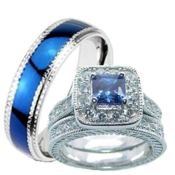 His Hers Blue & Clear Cz Wedding Ring Set Sterling Silver and Stainless Steel