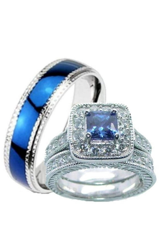 His Hers Blue & Clear Cz Wedding Ring Set Sterling Silver and Stainless Steel